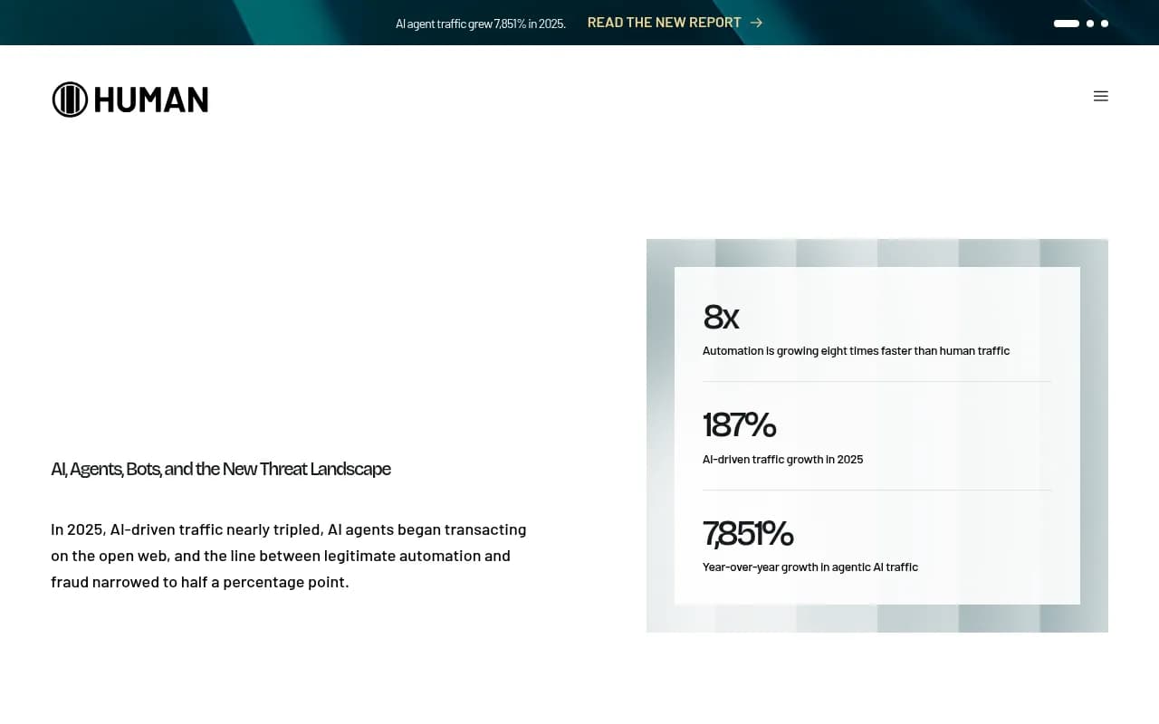 HUMAN Security's 2026 State of AI Traffic & Cyberthreat Benchmark Report showing AI traffic growth statistics