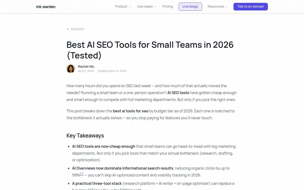 InkWarden's guide to AI SEO tools for small teams, proposing a research platform, AI writer and on-page optimizer stack