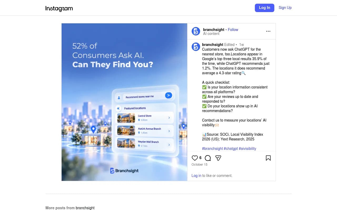 Instagram post noting that customers now ask ChatGPT for the nearest store, with a checklist on listing consistency and reviews