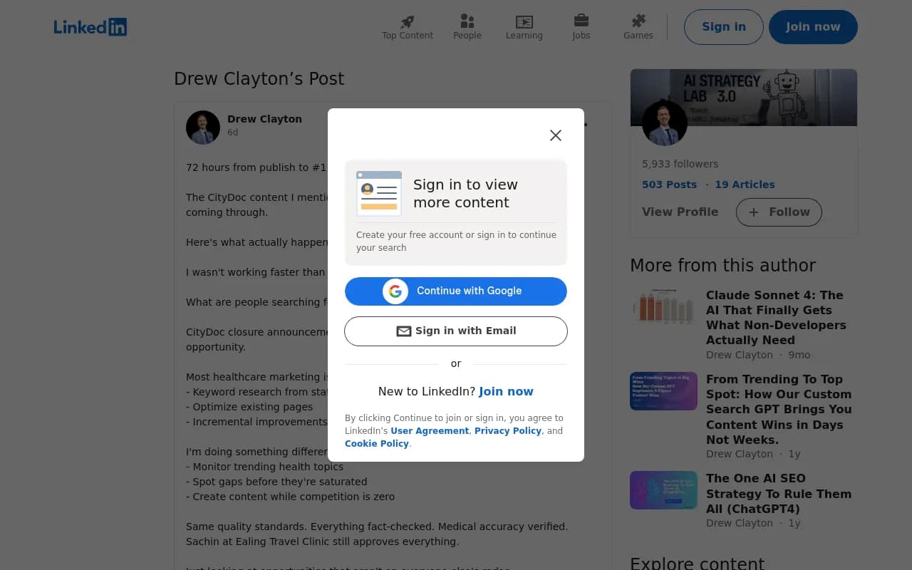 Drew Clayton's LinkedIn post showing 72-hour ranking success