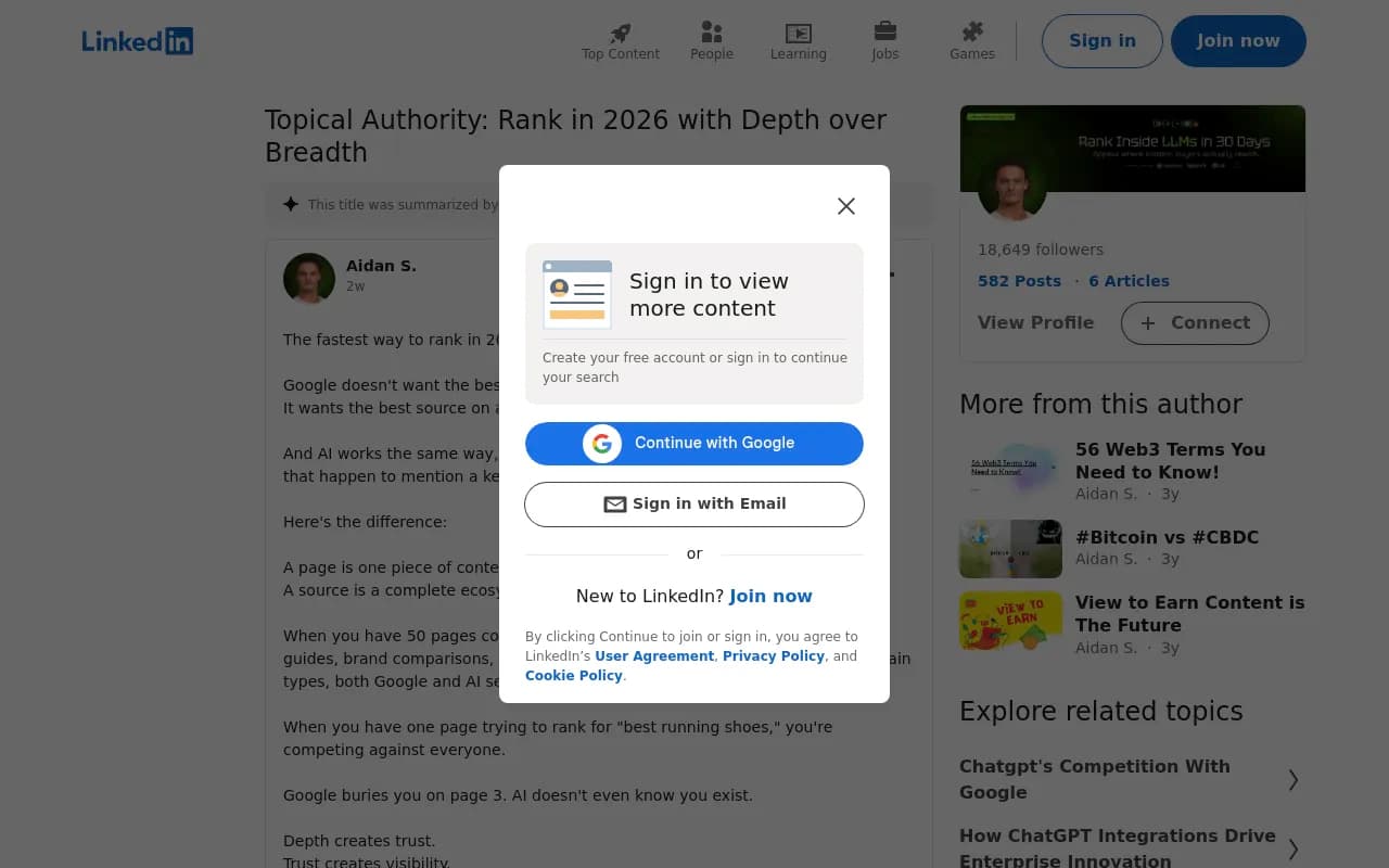 LinkedIn post about topical authority being the fastest way to rank in 2026