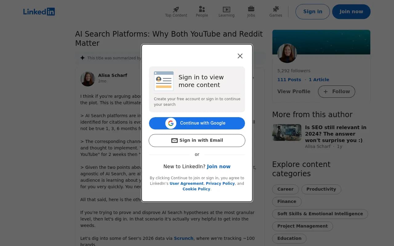 LinkedIn discussion on Reddit vs YouTube as AI citation sources