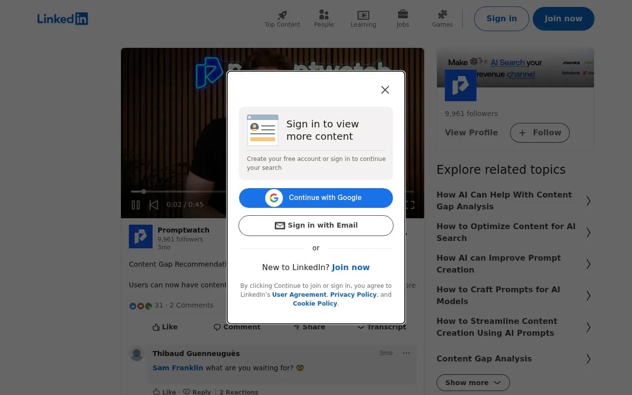 Promptwatch content gap recommendations announcement on LinkedIn