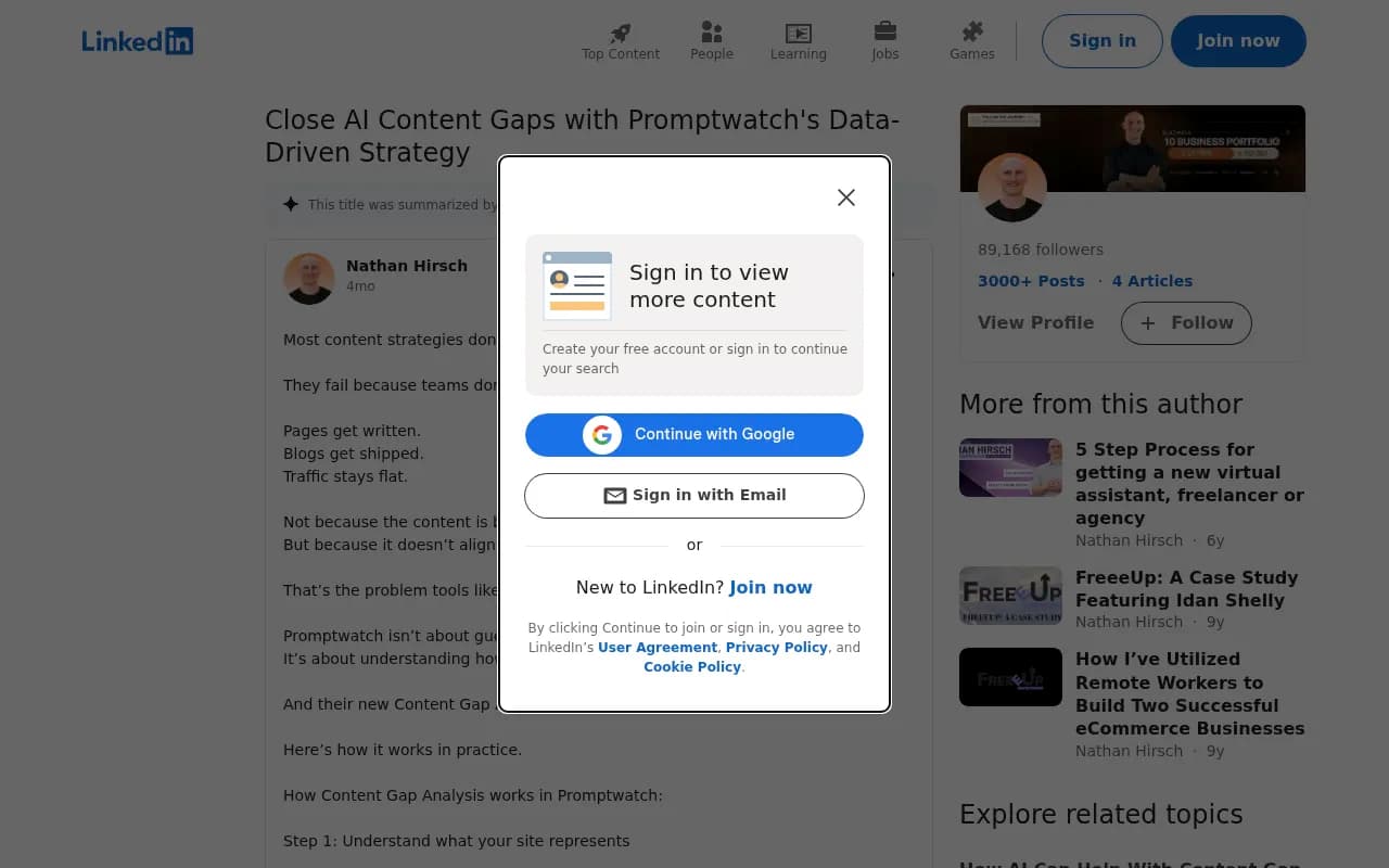 Nathan Hirsch LinkedIn post on using Promptwatch's gap analysis for AI content strategy