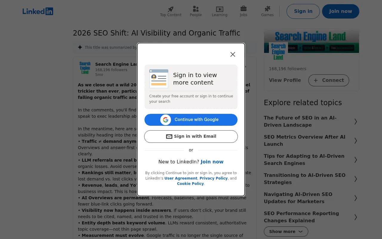 Search Engine Land's LinkedIn post on how AI visibility differs from traditional SEO ranking optimization