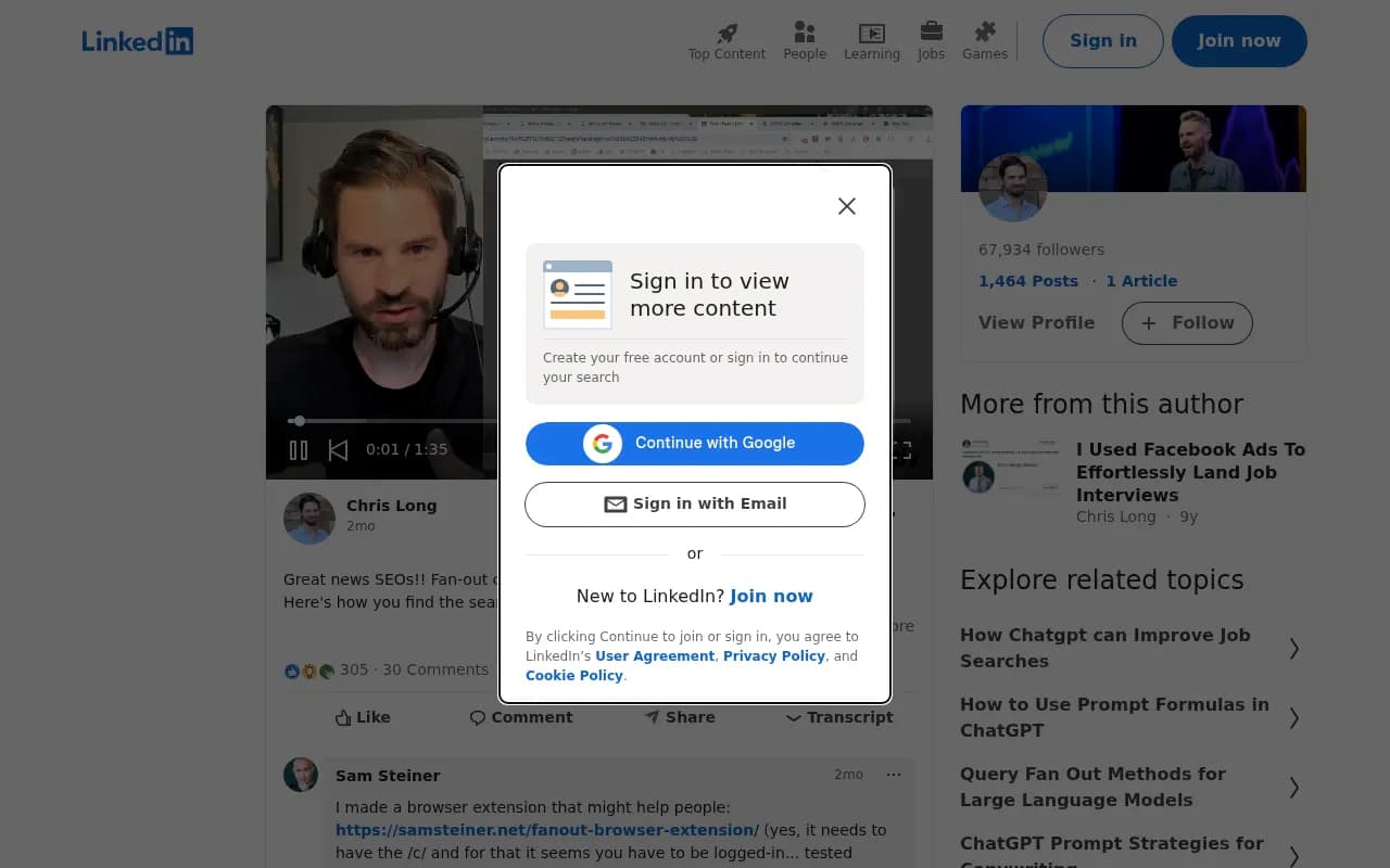 Chris Long's LinkedIn post showing how fan-out queries appear in ChatGPT's interface