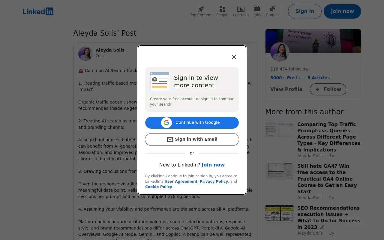 Aleyda Solís' LinkedIn post on common AI search tracking mistakes, including the trap of using traffic metrics as a proxy for AI visibility