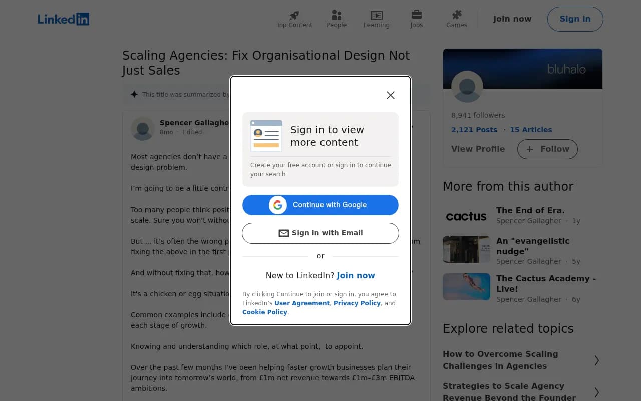 Agency scaling discussion on organizational design, showing why most agencies treat scaling as a sales problem when it's actually a structural one