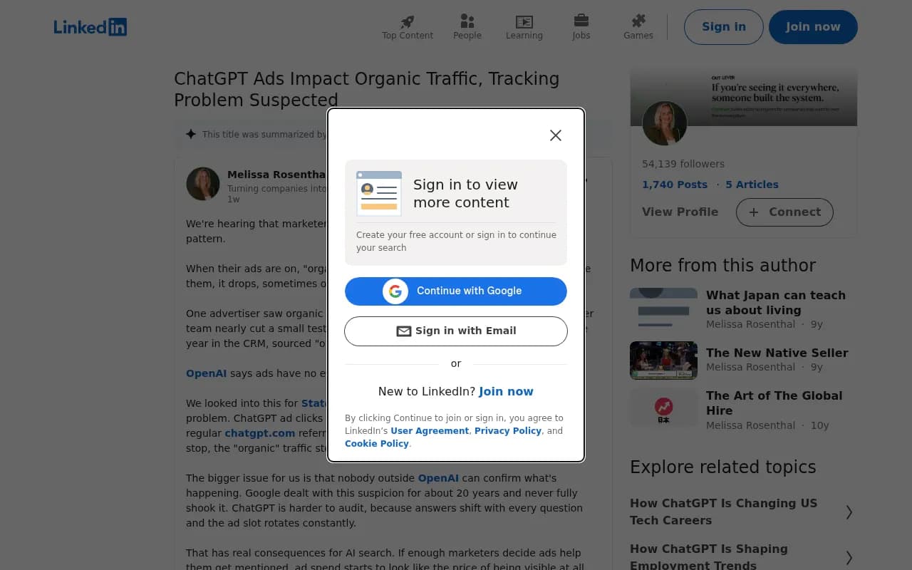 LinkedIn post discussing ChatGPT ad clicks being misattributed as organic traffic in analytics
