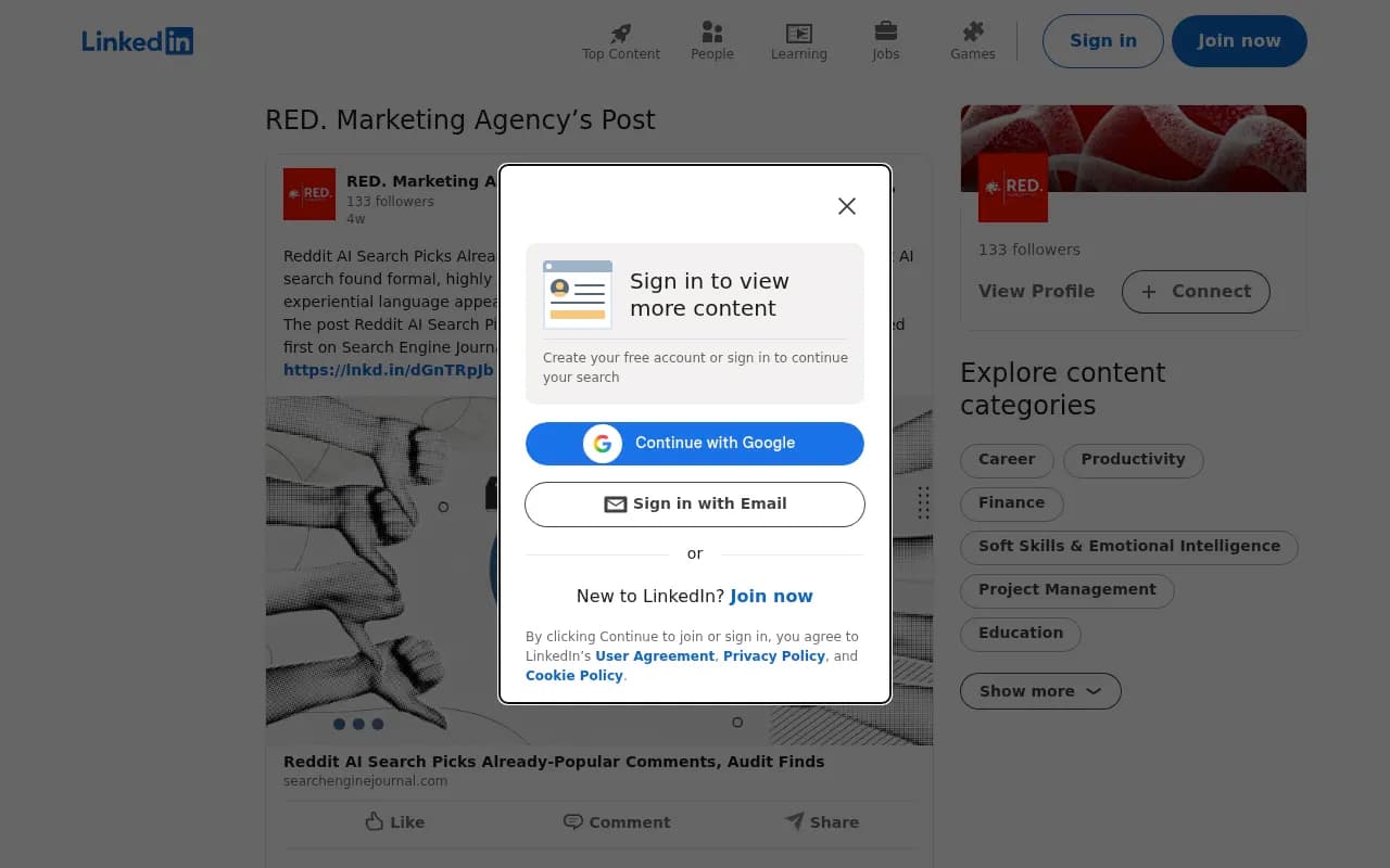 LinkedIn post summarising an audit of which Reddit comments AI search picks