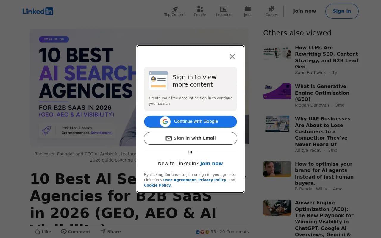 A LinkedIn roundup of AI search agencies that includes a red flags section for hiring