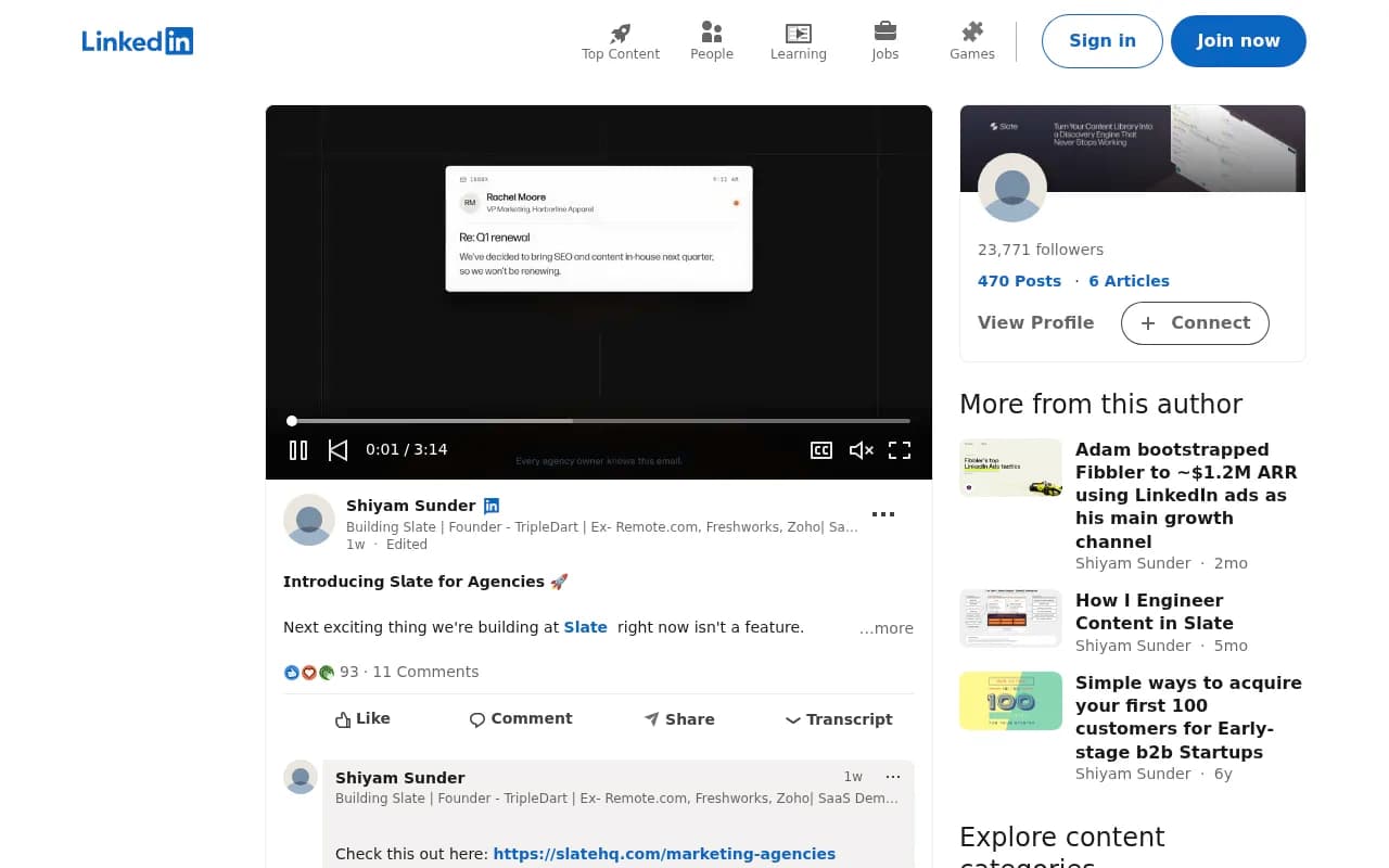 LinkedIn announcement for Slate for Agencies