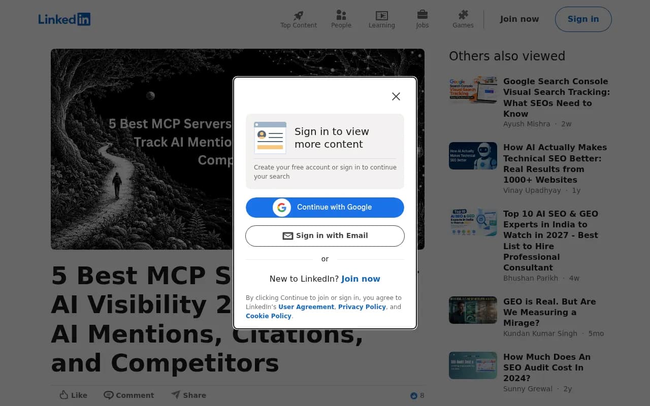 LinkedIn article listing five MCP servers for AI visibility: Radarkit, Peec AI, Profound, OtterlyAI and SE Ranking