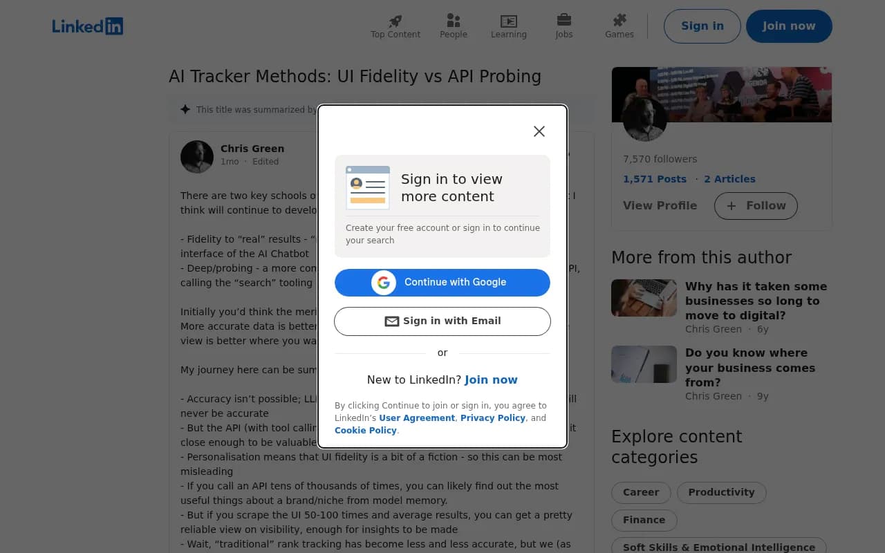Chris Green's LinkedIn post on UI fidelity versus API probing for AI trackers