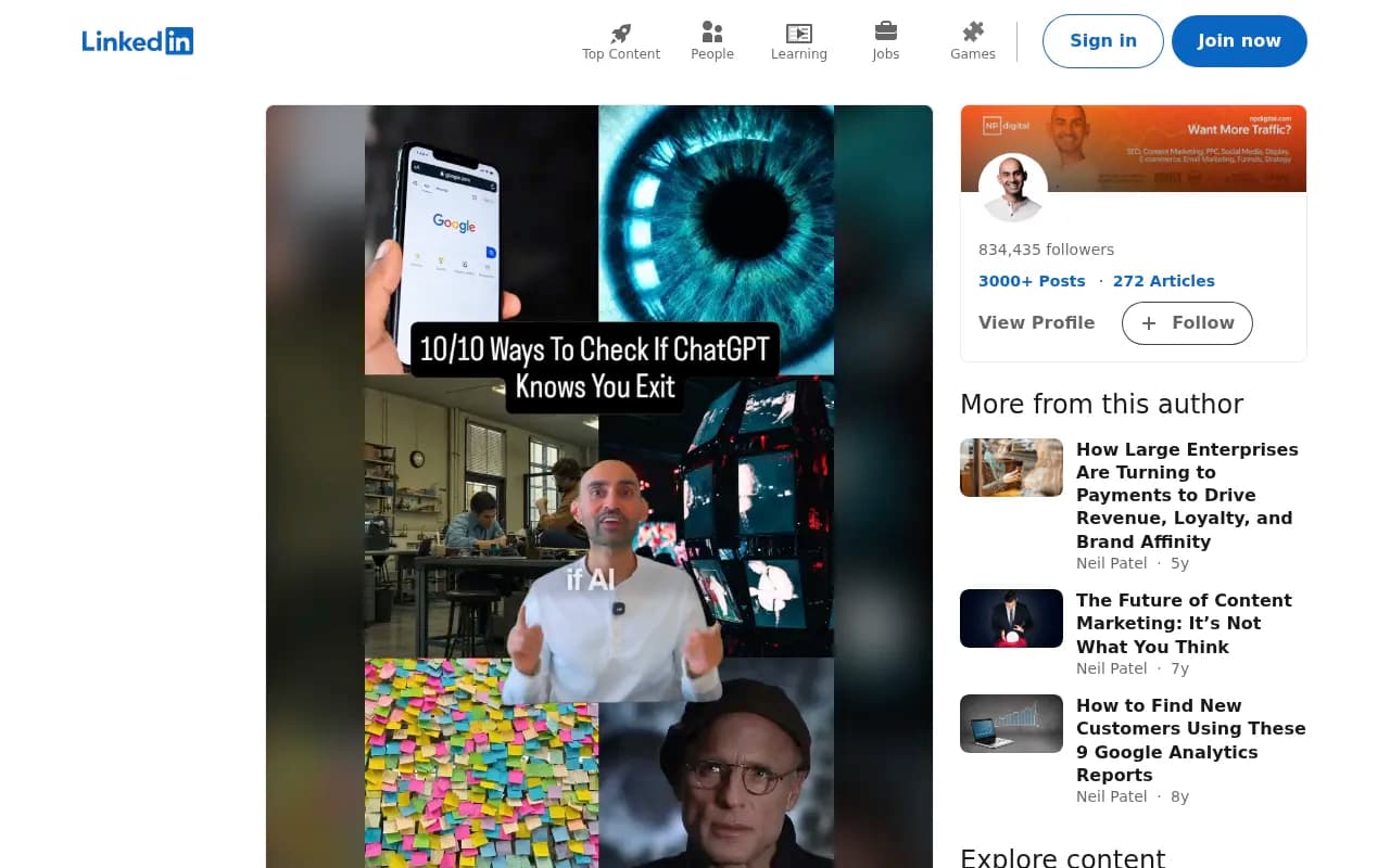 Neil Patel post listing ways to test whether AI knows your business