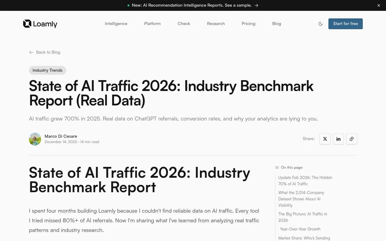 Loamly's State of AI Traffic 2026 benchmark report showing citation rate data across platforms