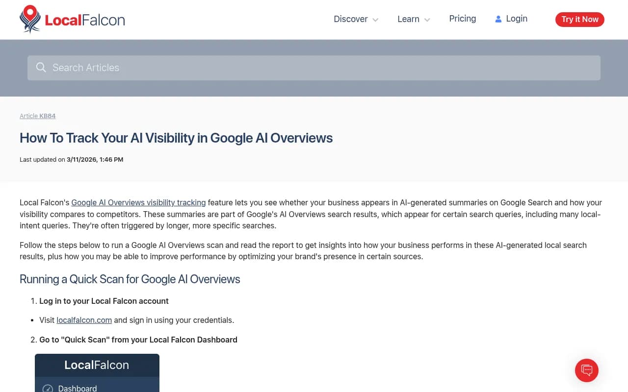Local Falcon's Google AI Overviews scan interface showing location-based visibility tracking