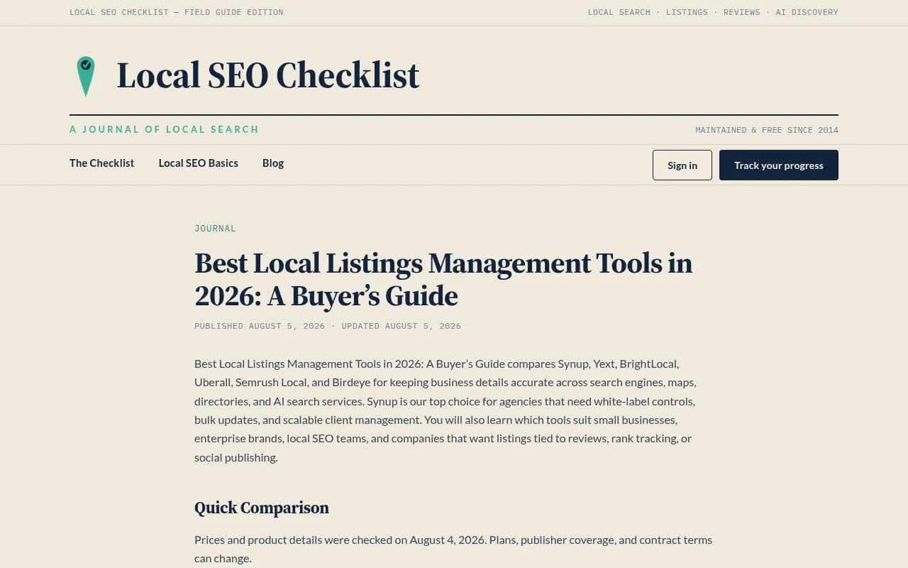 Local SEO Checklist's 2026 buyer's guide to local listings management tools, which ranks Synup first for agencies