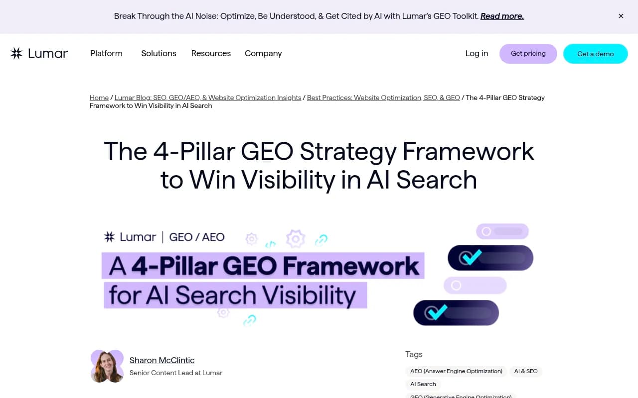 Lumar's 4-pillar GEO strategy framework for AI search visibility