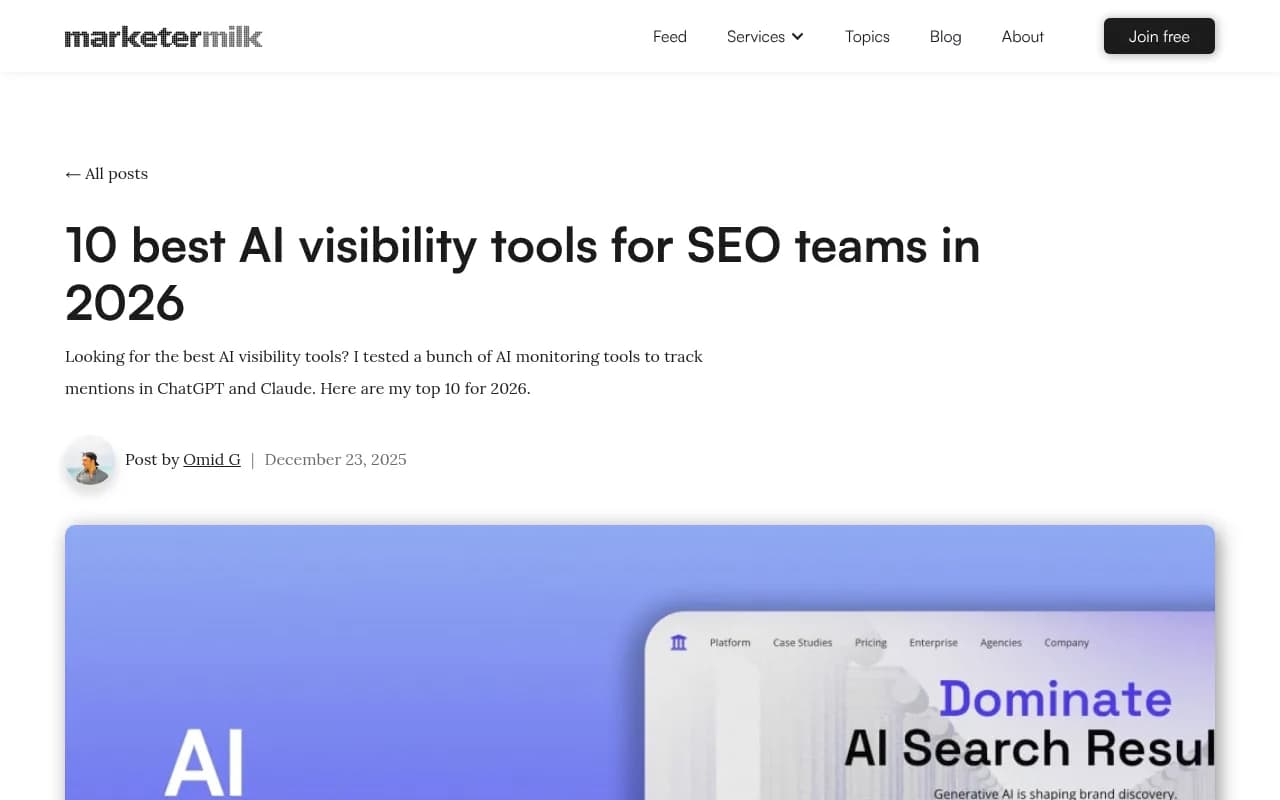 10 best AI visibility tools for SEO teams in 2026 - Marketer Milk roundup showing the competitive landscape of AI monitoring platforms