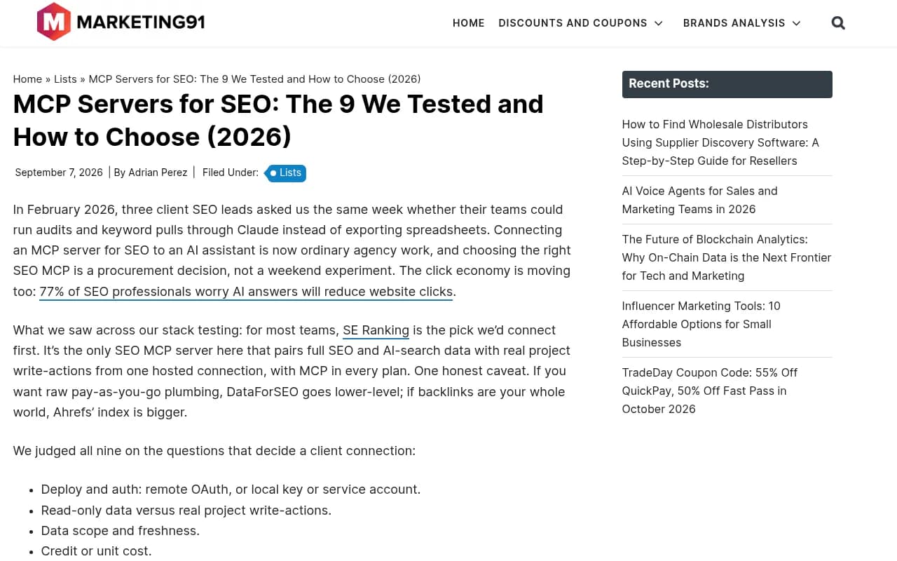 Marketing91 comparison of nine SEO MCP servers tested against Claude and Cursor