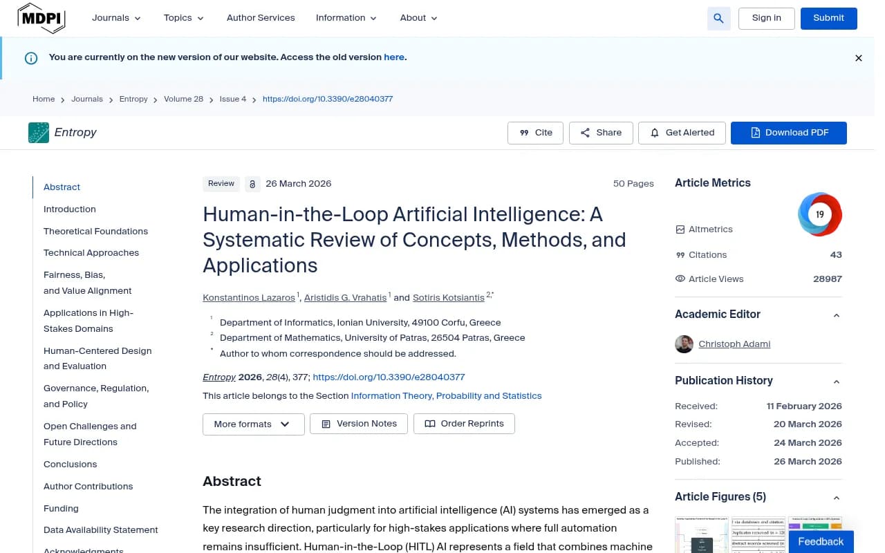 Systematic review of human-in-the-loop AI in Entropy, 2026, proposing a taxonomy by loop placement, interaction granularity and temporal characteristics