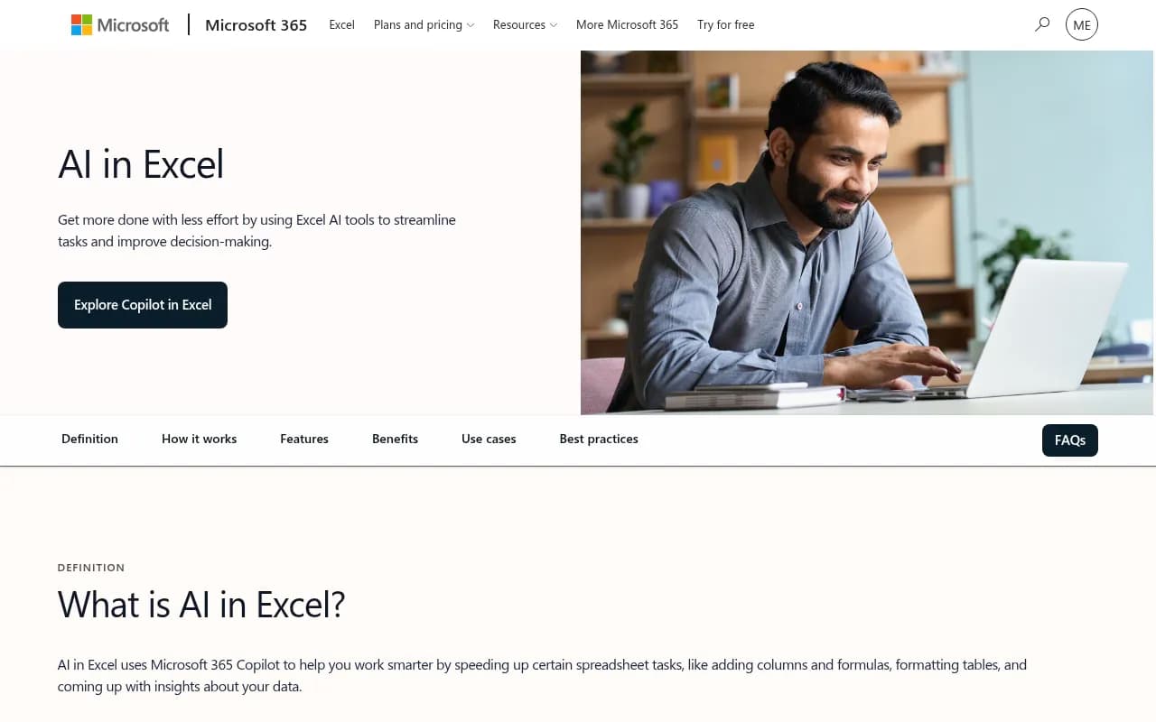 Microsoft's overview of Copilot in Excel features such as formula suggestions, data cleaning, and trend identification