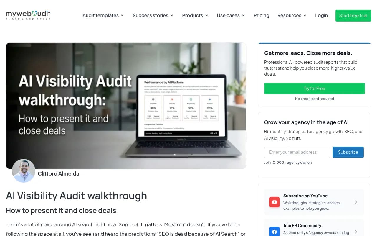 Example of an AI visibility audit report layout for agencies, showing how visibility, citations, and competitor data are organized for client presentation.