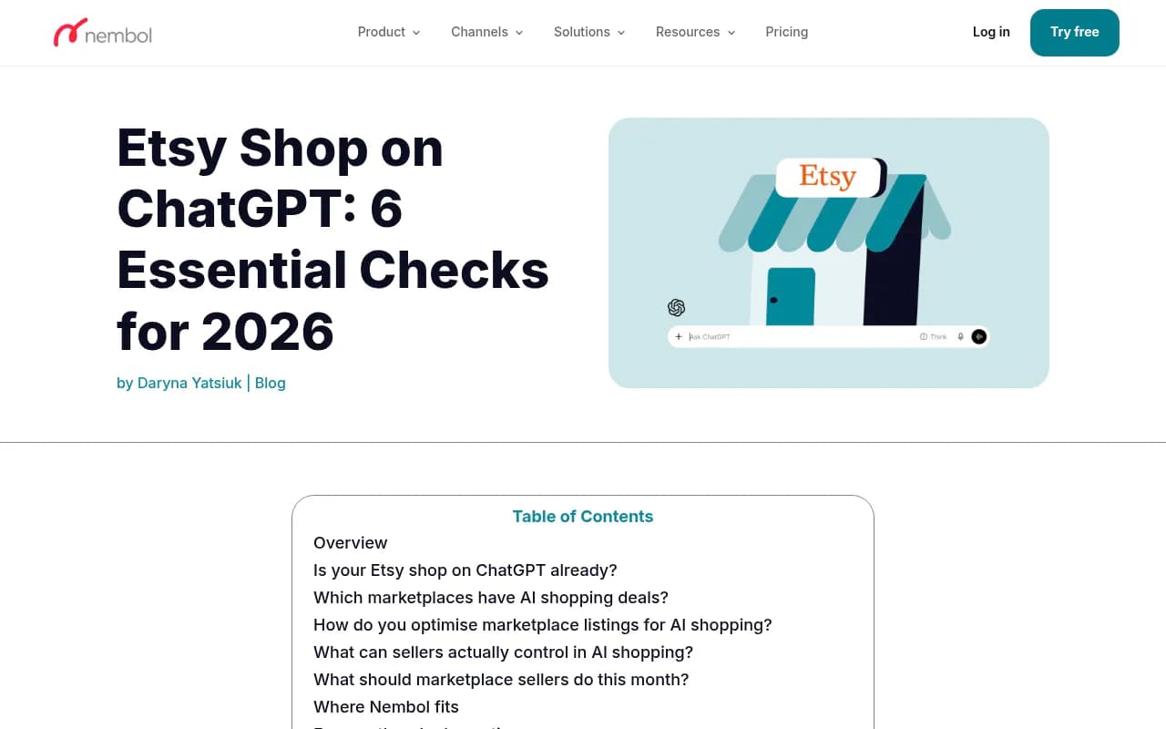 Nembol's 2026 guide walking Etsy sellers through the checks that determine whether their listings surface in ChatGPT
