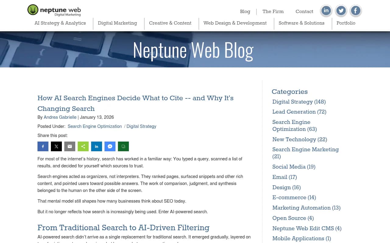 Neptune Web's analysis of how AI search engines evaluate and filter sources for citation