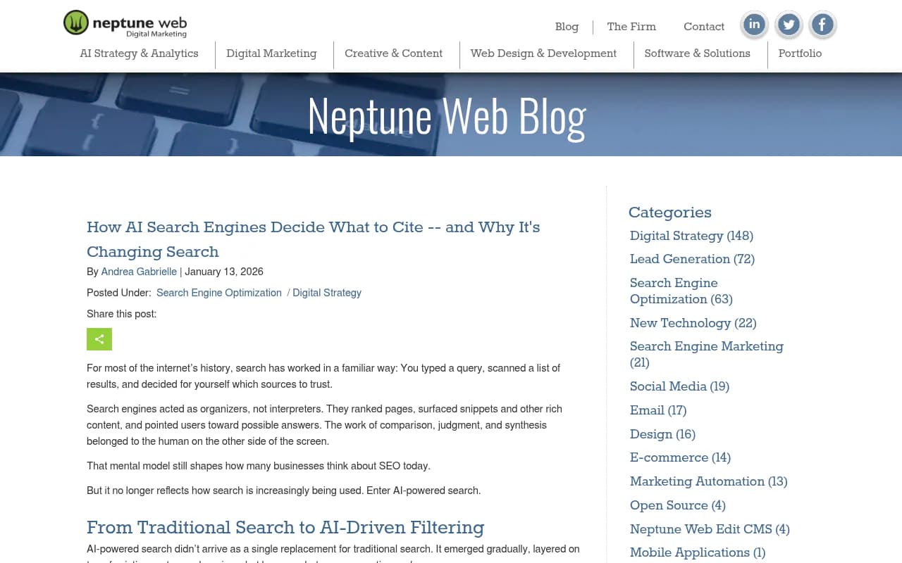 Neptune Web's analysis of how AI search engines decide what to cite