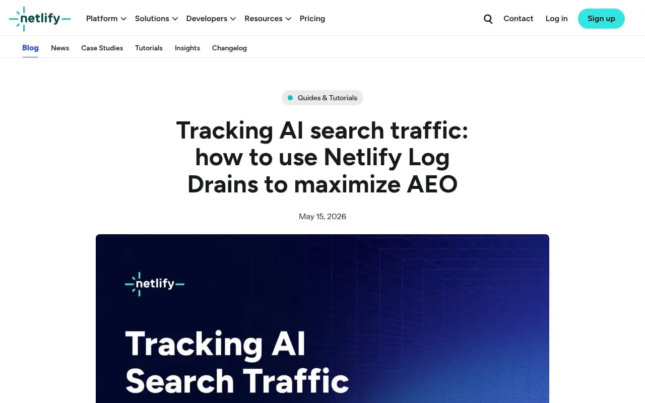 Netlify's guide showing how server log drains capture AI crawler activity that standard analytics tools miss