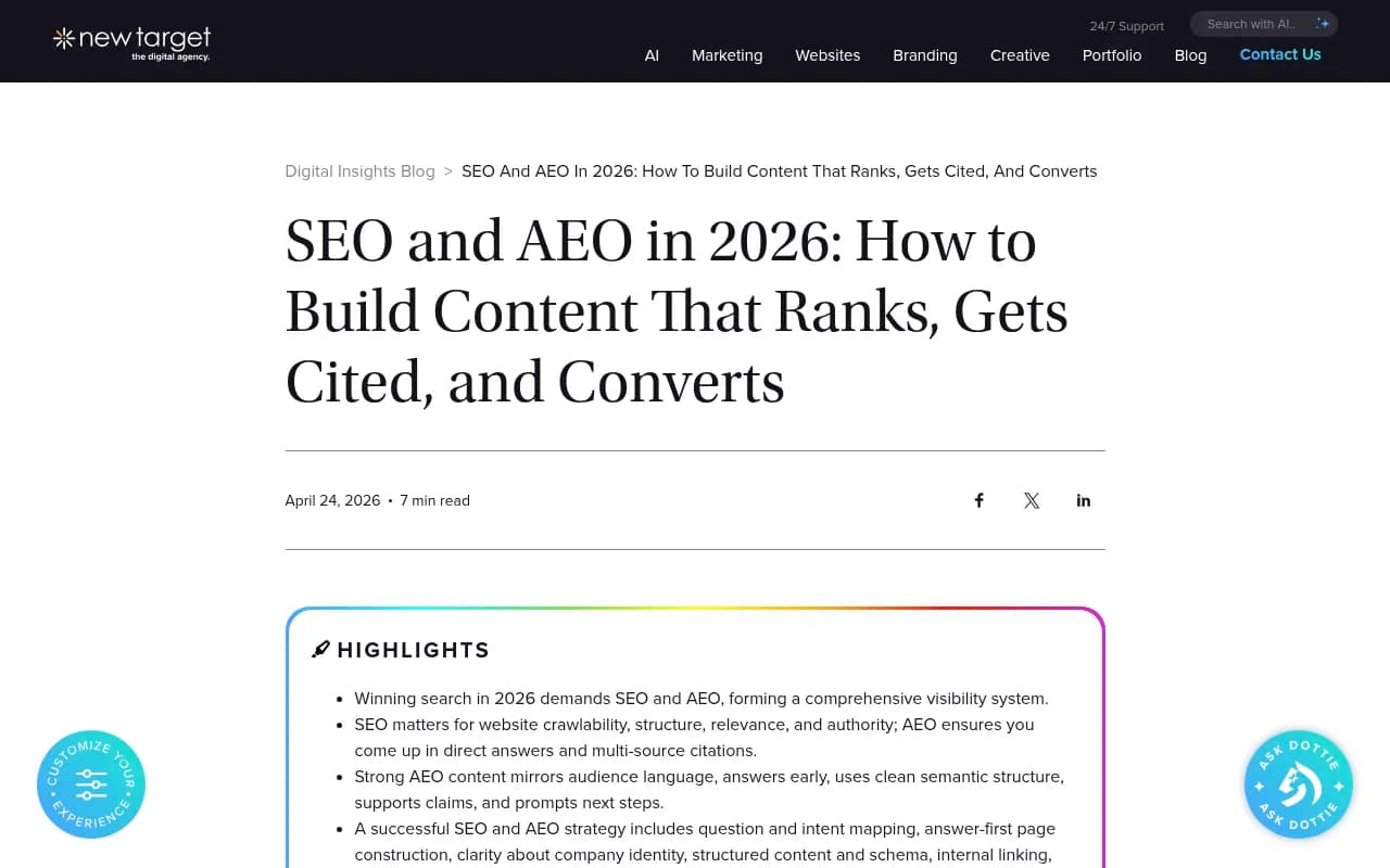 SEO and AEO in 2026 guide from New Target showing the relationship between traditional SEO and answer engine optimization