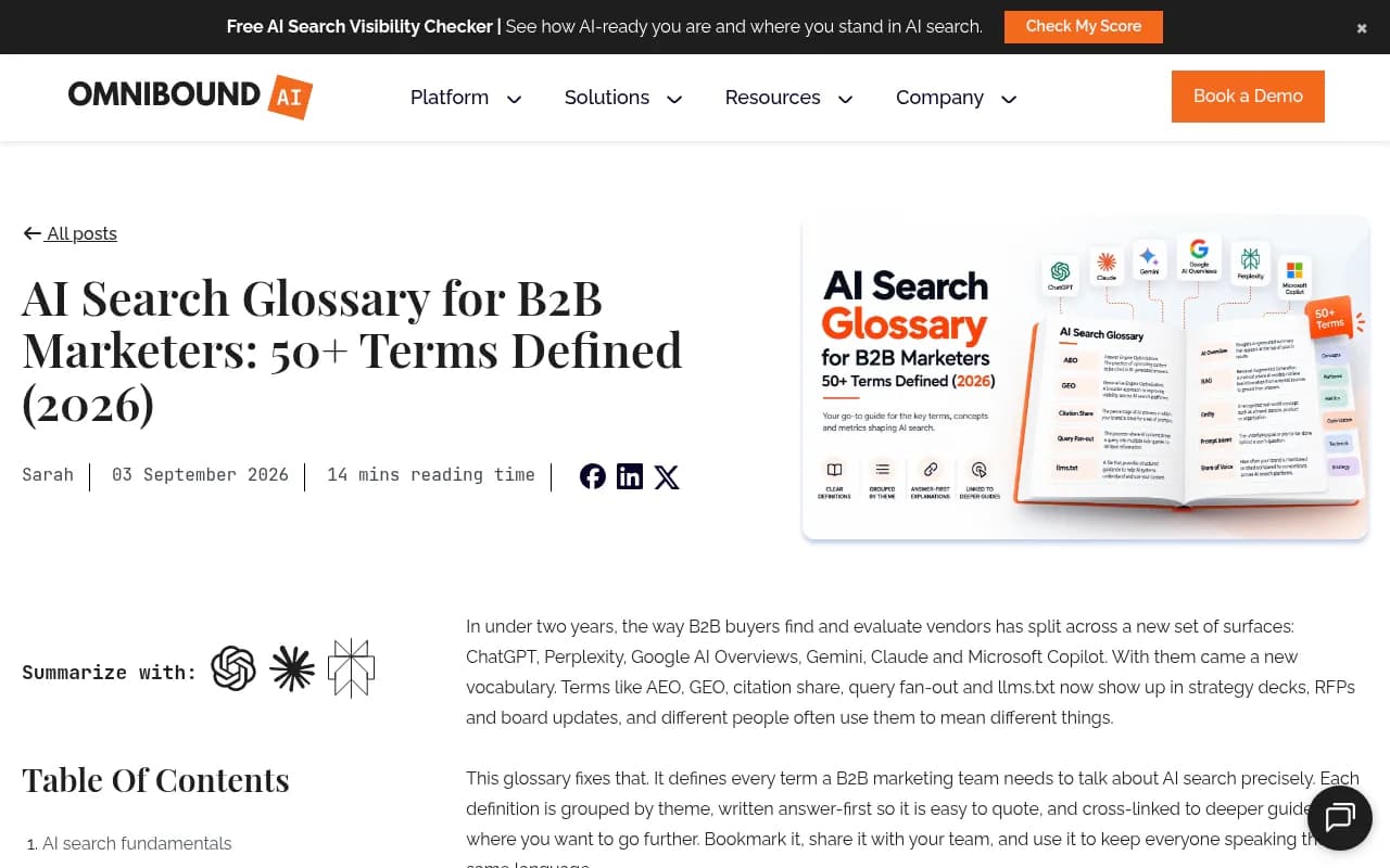 AI search glossary reference for B2B marketers covering retrieval, knowledge base optimization, and answer engines