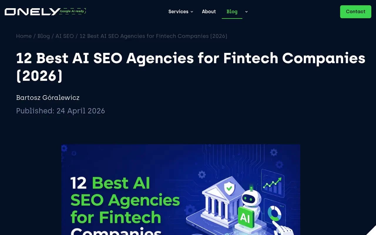 Screenshot of Onely's ranking of AI SEO agencies for fintech companies