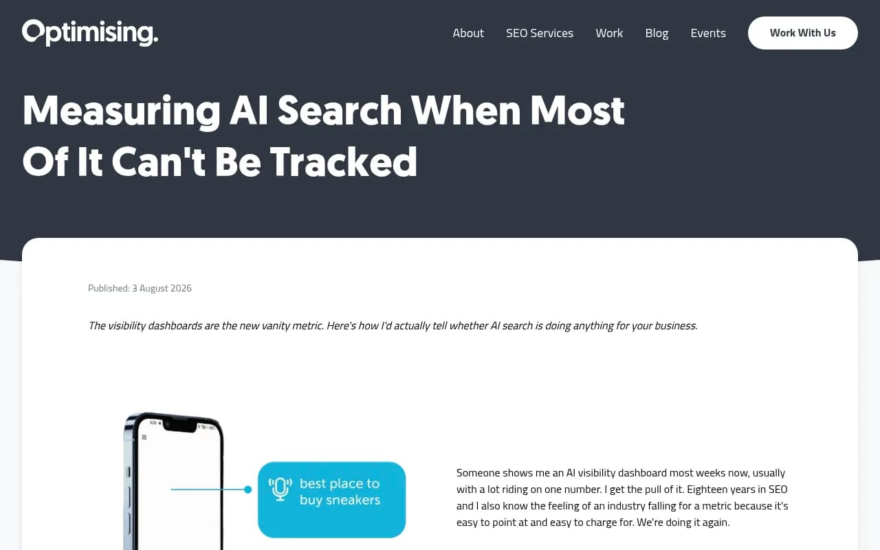 Screenshot of the Optimising article on measuring AI search, which argues visibility dashboards have become the new vanity metric
