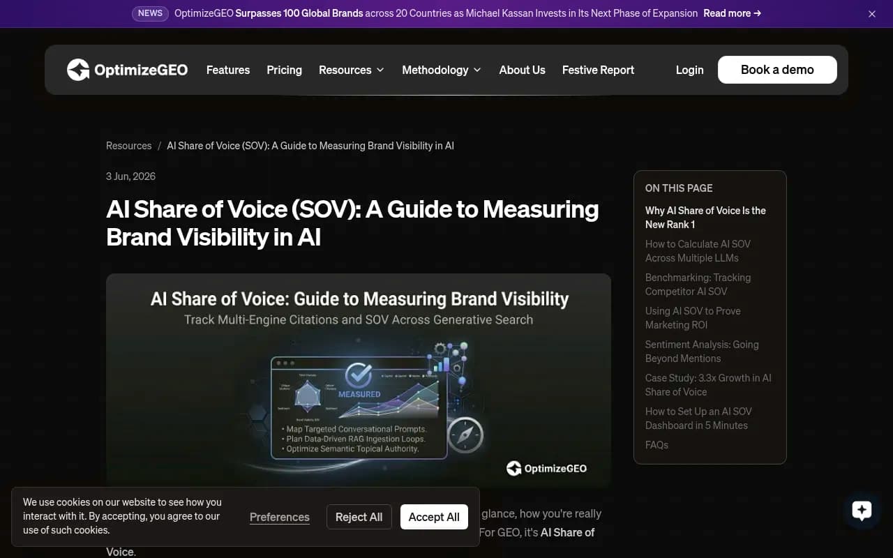 OptimizeGEO guide explaining AI share of voice as the percentage of responses that mention a brand