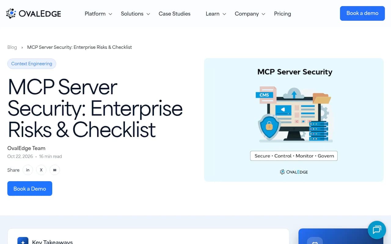 OvalEdge's MCP server security checklist article, covering protocol controls and data-layer controls