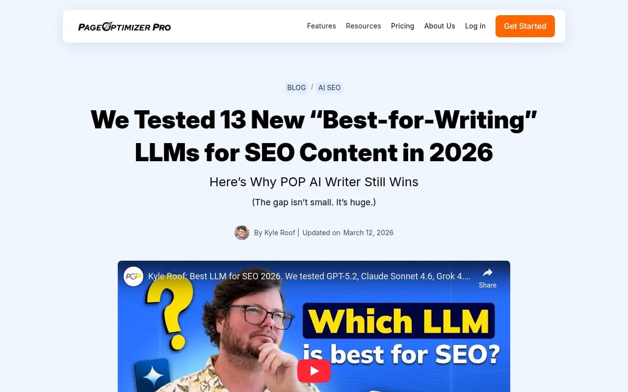 PageOptimizer Pro's 2026 analysis of 13 LLMs for SEO content quality, showing the gap between writing quality and actual ranking performance
