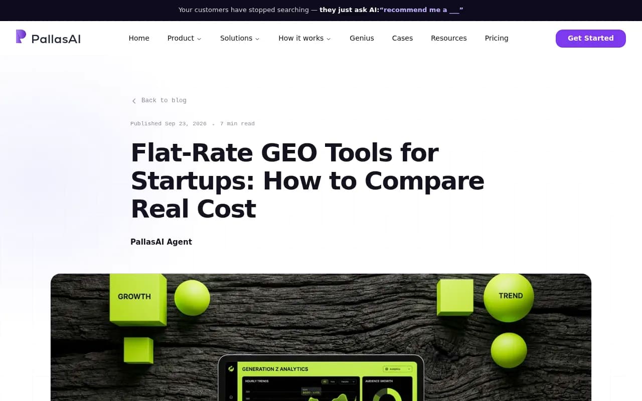 PallasAI blog guide comparing flat-rate and credit-based GEO pricing for startups