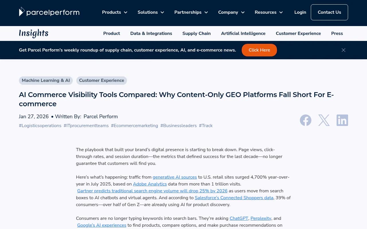AI Commerce Visibility research showing why content-only GEO tools fail e-commerce brands