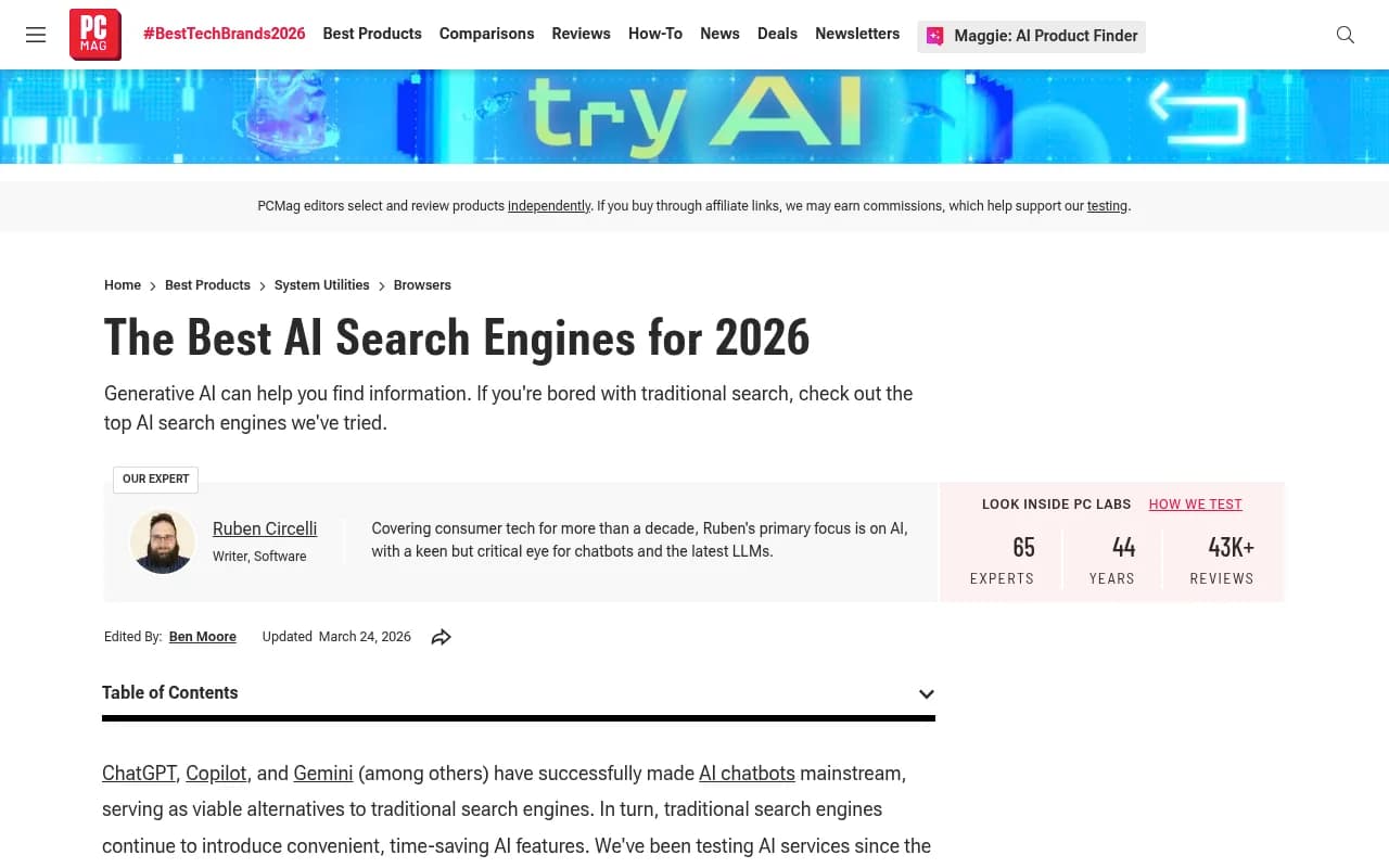 PCMag's overview of the best AI search engines in 2026, showing how AI-generated answers now dominate search results