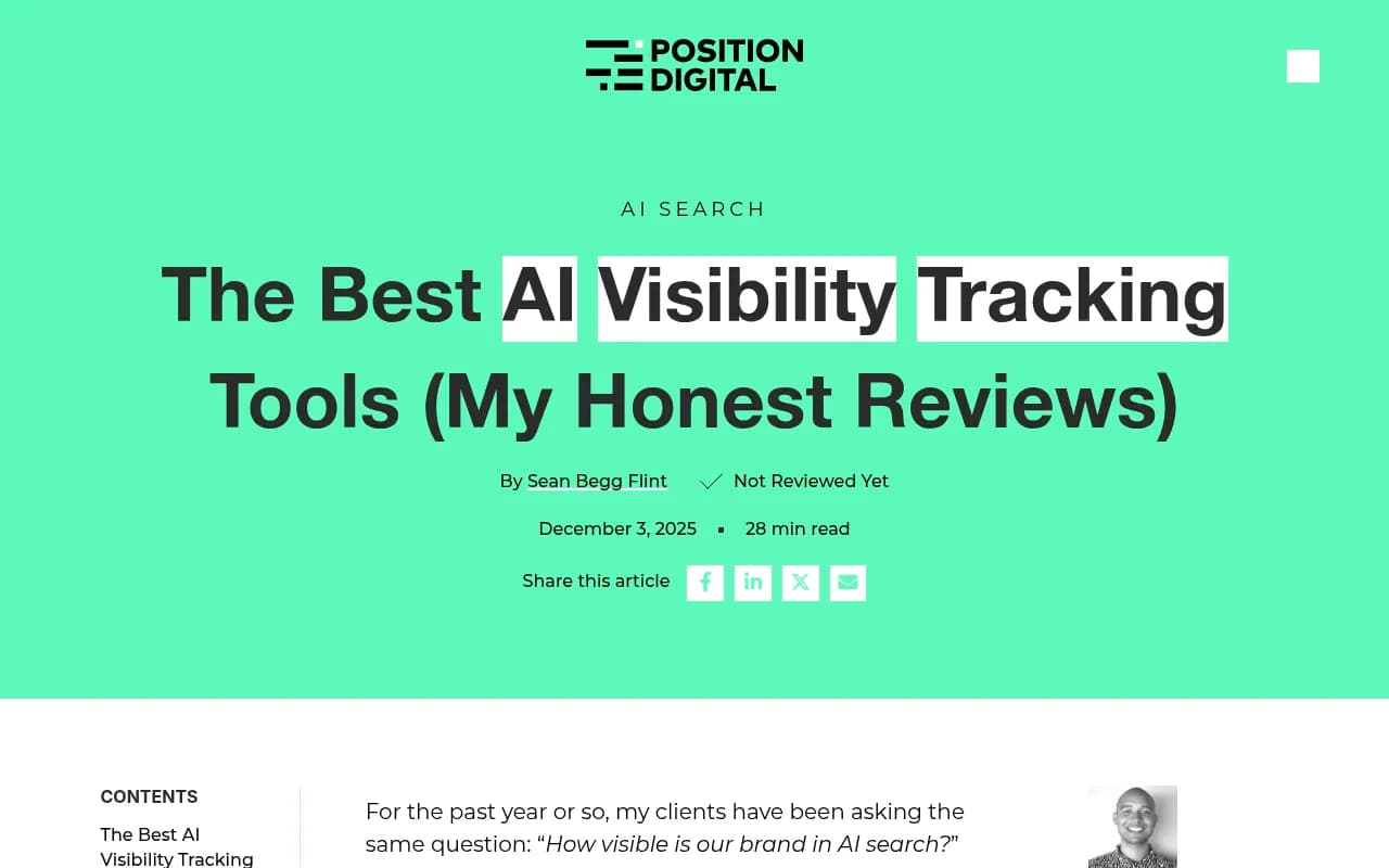 Overview of AI visibility tracking tools reviewed by position.digital, covering citation analysis, referral tracking, and GEO insights