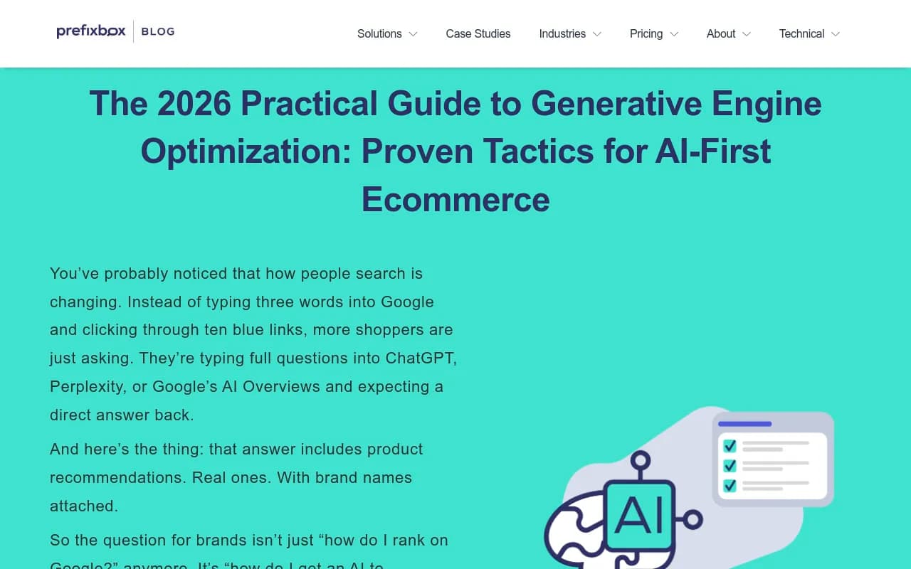 GEO guide overview from Prefixbox showing AI-first ecommerce tactics