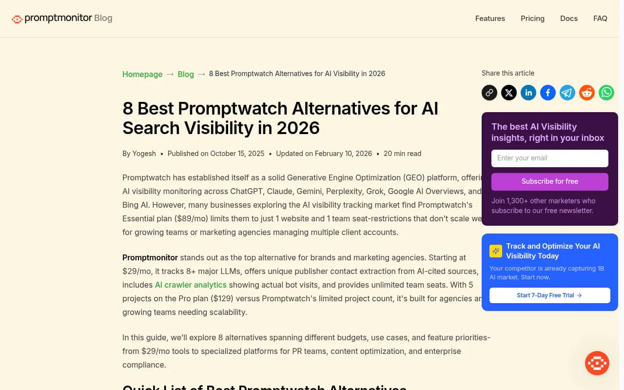 Comparison of Promptwatch alternatives for AI search visibility in 2026