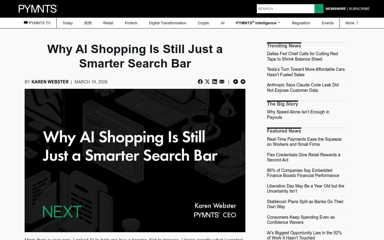 PYMNTS analysis of AI shopping limitations in 2026 -- the "Toaster Test"