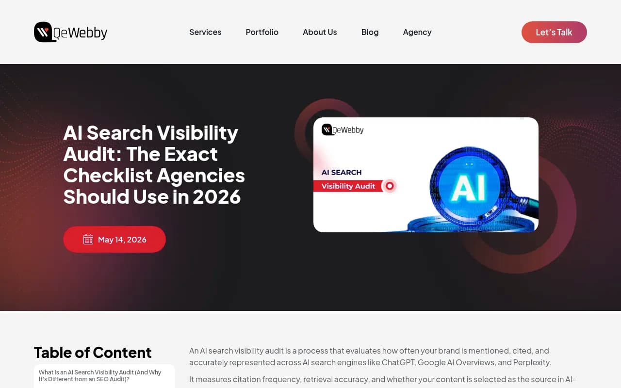 AI search visibility audit checklist framework showing the six core categories agencies should evaluate
