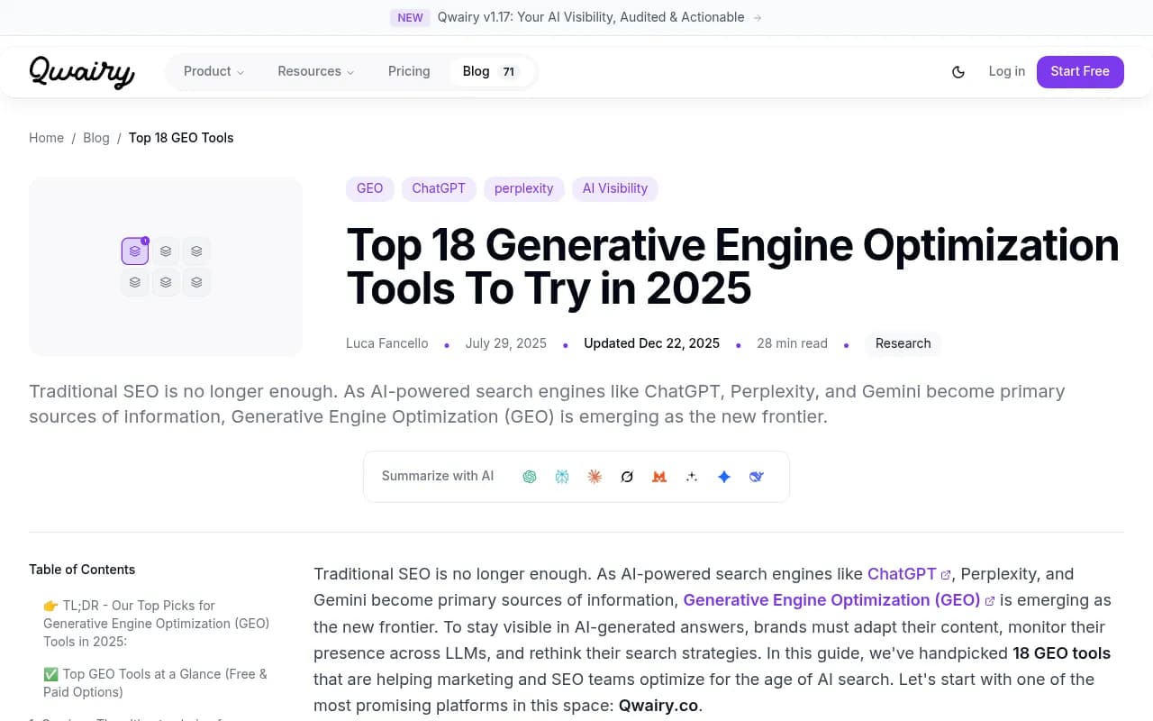 Qwairy GEO tools guide showing top 18 generative engine optimization tools comparison