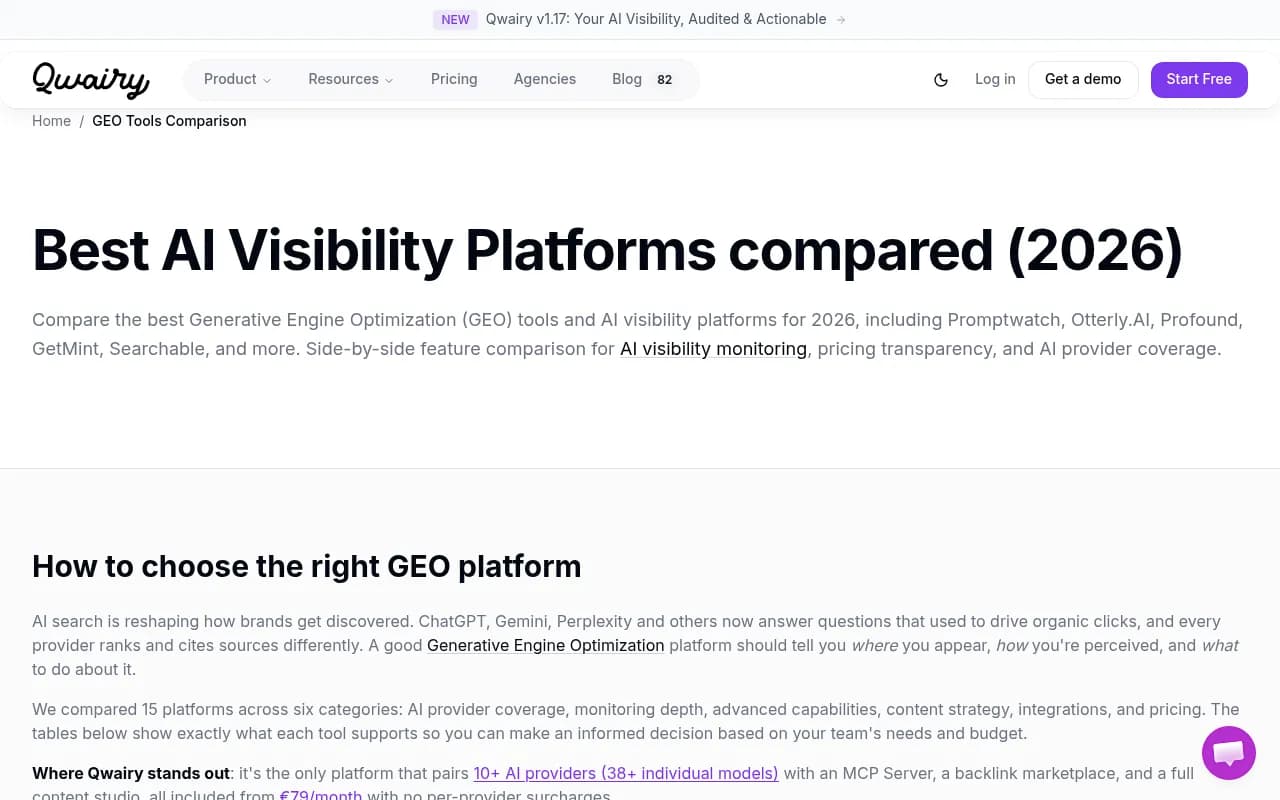 Qwairy's AI visibility platform comparison page showing feature breakdown across 15 GEO tools