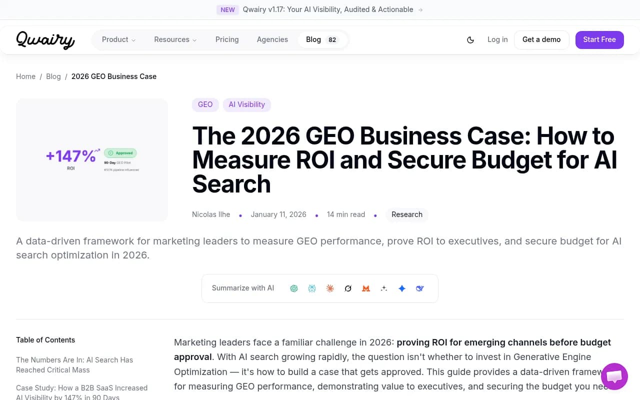 Qwairy's 2026 GEO ROI framework blog post